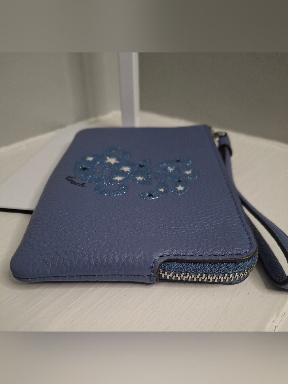 Coach Aquarius Zodiac Corner Zip Wristlet Stone Blue Leather NWT - Picture 2 of 6